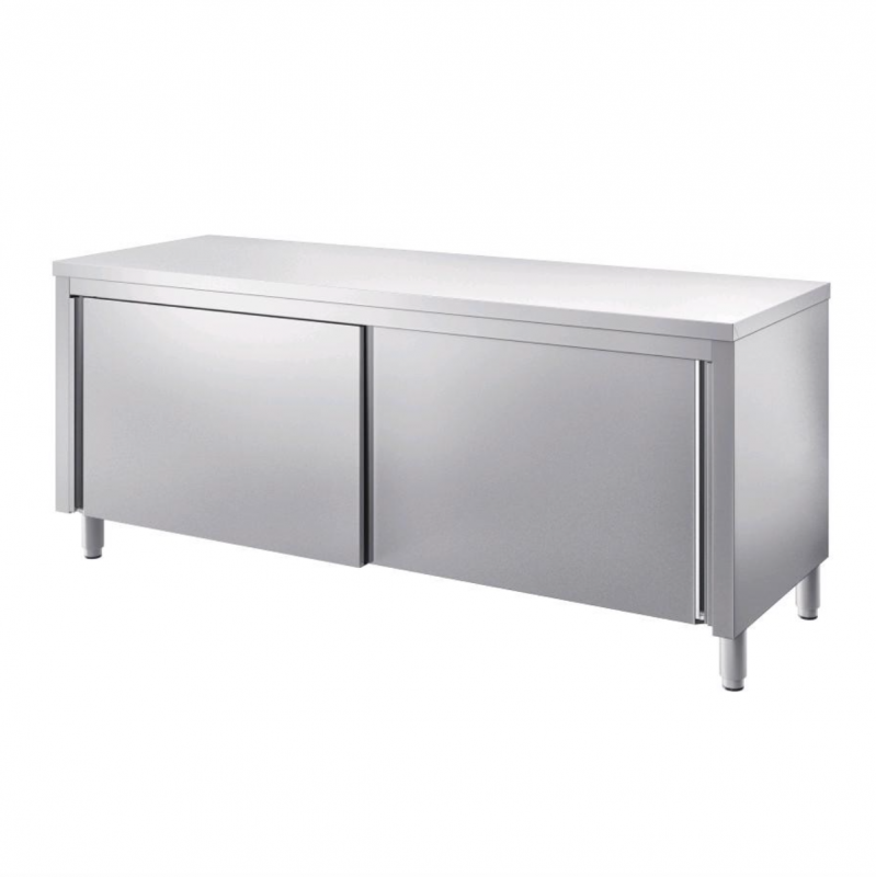 Stainless steel tables with hinged doors