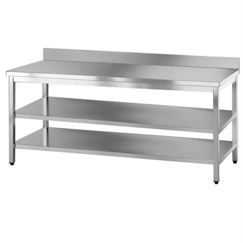 Stainless steel work table with two lower shelves and upstand