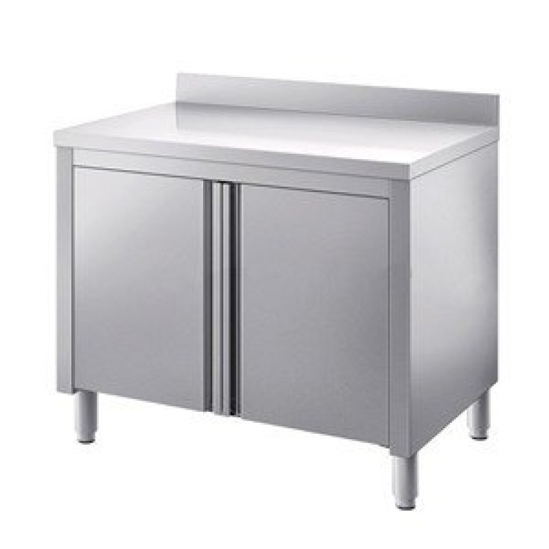 Stainless steel tables with hinged doors and upstand