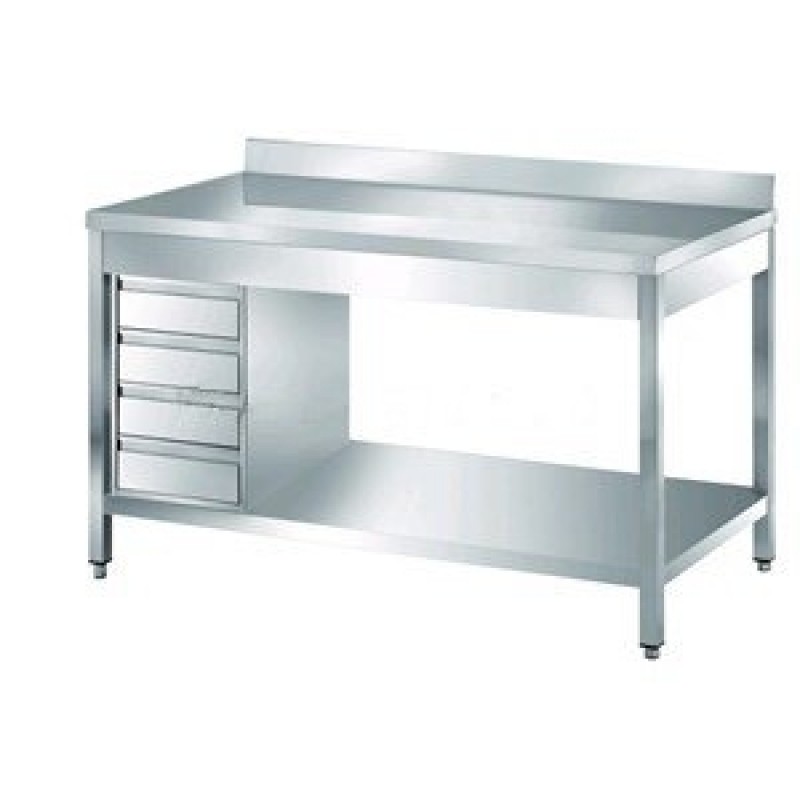 Stainless steel work table with drawers and backsplash