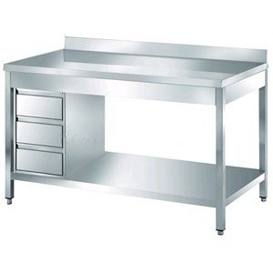 Stainless steel work table with drawers and backsplash