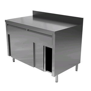 Stainless steel table with sliding doors and upstand