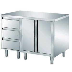 Stainless steel table with sliding doors, drawers