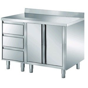 Stainless steel tables with sliding doors, drawers and backsplash