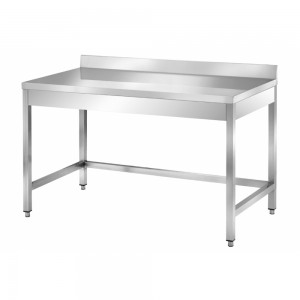 Stainless steel work table with frame on three sides and upstand